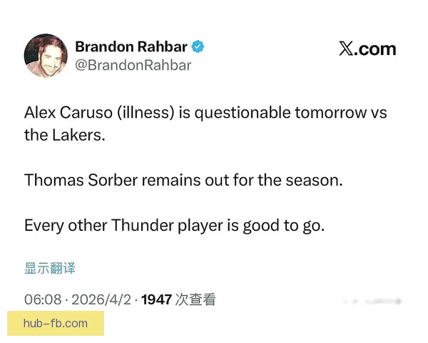 湖人对雷霆伤病报告 斯马特缺阵 卡鲁索因病错失对阵旧主机会